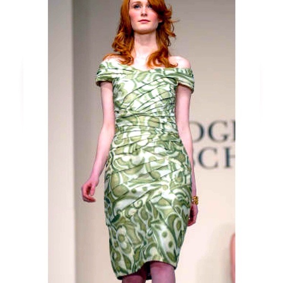 Badgley Mischka cocktail green and cream off shoulder dress Sz 10 - Picture 1 of 7